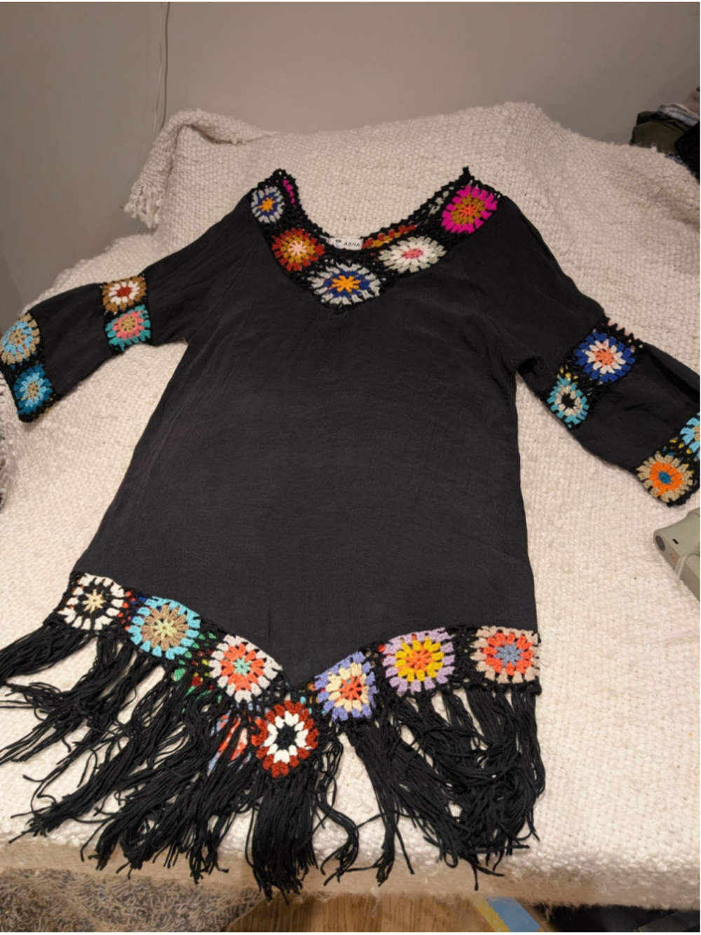 702 - ASHA Black Crochet Granny Square Fringe Boho Tunic Dress - Picture 8 of 10